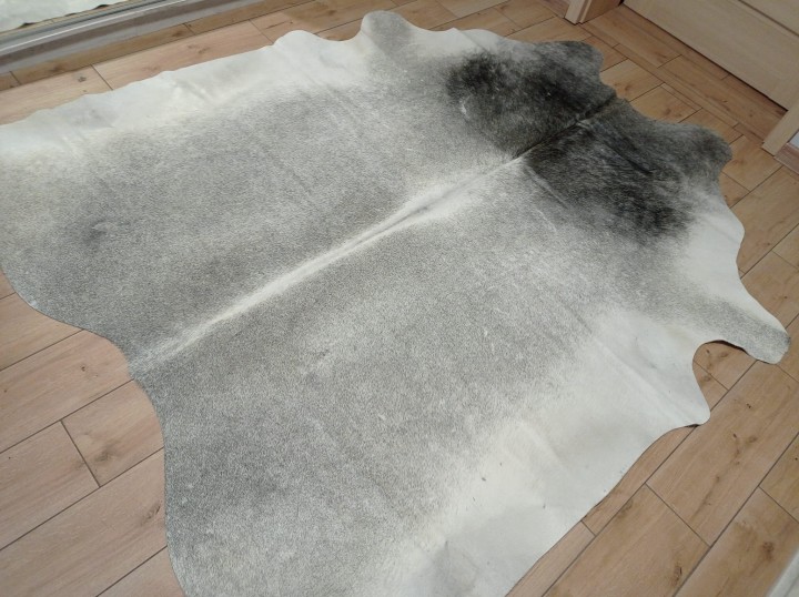 Ogromna szara skóra bydlęca 230x210 cm rozłożona w dużym salonie  - dekoracyjneskory.pl