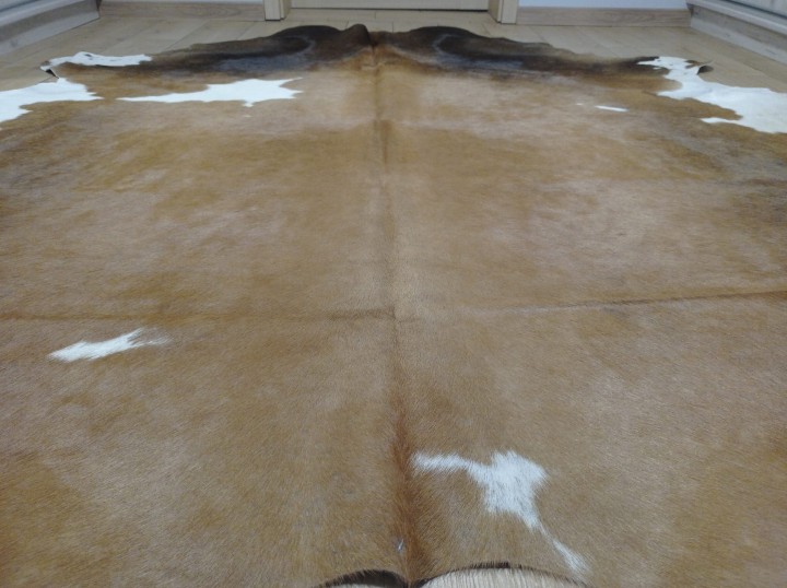 Zbliżenie na efekt włosia ogromnej brązowo-beżowo-białej skóry bydlęcej 250x225 cm rozłożonej w dużym salonie - wzór TRICOLOR XXL - dekoracyjneskory.pl