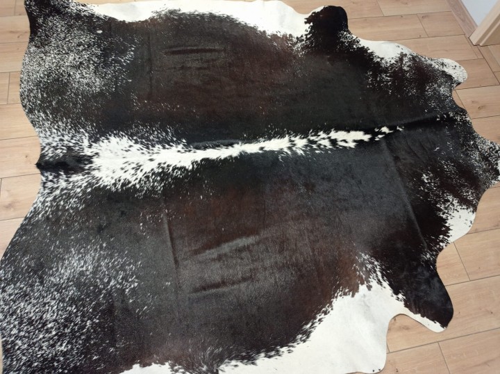 Ogromna  skóra bydlęca 230x220 cm rozłożona w dużym salonie -  TRICOLOR XXL - dekoracyjneskory.pl