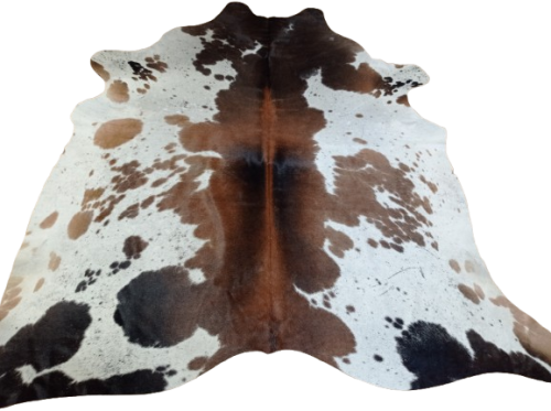 Ogromna  skóra bydlęca 225x215 cm rozłożona w dużym salonie -  TRICOLOR XXL - dekoracyjneskory.pl