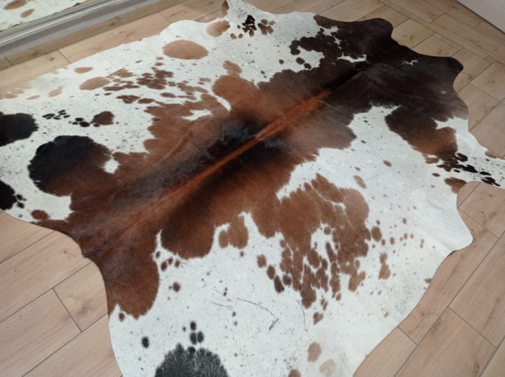 Ogromna  skóra bydlęca 225x215 cm rozłożona w dużym salonie -  TRICOLOR XXL - dekoracyjneskory.pl