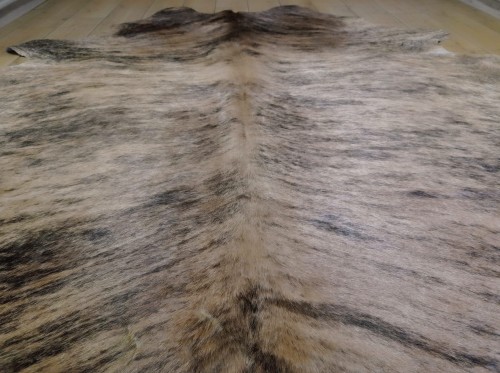 Naturalna skóra bydlęca 225x215 cm rozłożona w dużym salonie - zbliżenie na lśniącą sierść - dekoracyjneskory.pl