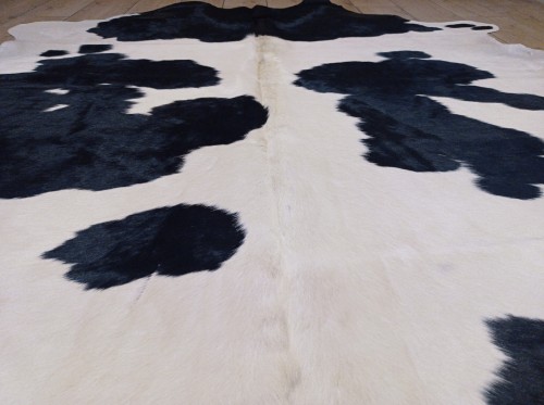 Zbliżenie na naturalną skórę bydlęcą 205x190 cm rozłożoną w dużym salonie - ŁACIATA - dekoracyjneskory.pl