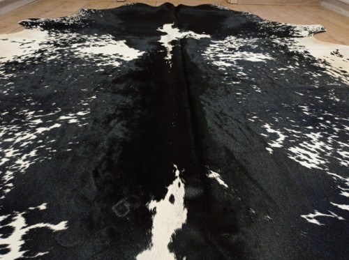 Ogromna łaciata skóra bydlęca XXL zajmująca dużą powierzchnię salonu -  widok  z bliska - dekoracyjneskory.pl
