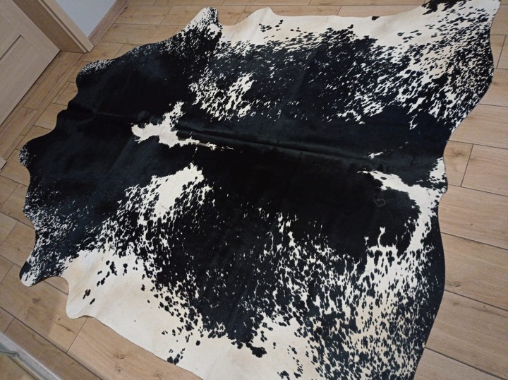 Ogromna czarno-kremowa skóra bydlęca 235x215 cm rozłożona w dużym salonie - wzór łaciata XXL - dekoracyjneskory.pl