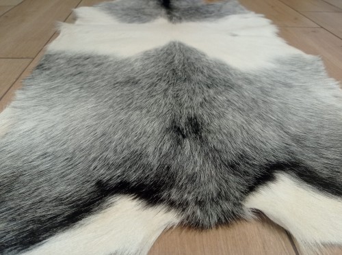 Skóra Kozia Naturalna  Szara 100x80cm rozłożona w salonie - zbliżenie na lśniącą sierść - dekoracyjneskory.pl