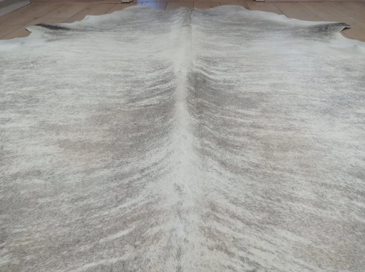 Naturalna skóra bydlęca 210x190 cm rozłożona w dużym salonie  - zbliżenie na lśniący włos - dekoracyjneskory.pl