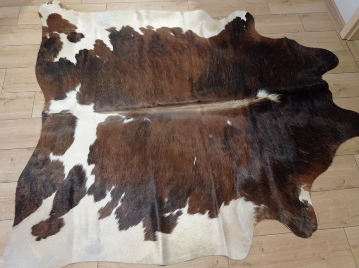 Naturalna skóra bydlęca 200x190 cm rozłożona w dużym salonie  - dekoracyjneskory.pl