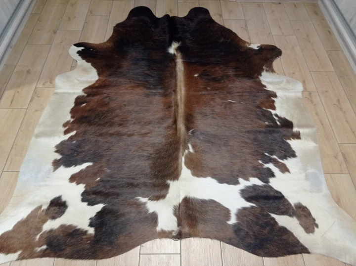 Naturalna skóra bydlęca 200x190 cm rozłożona w dużym salonie  - dekoracyjneskory.pl