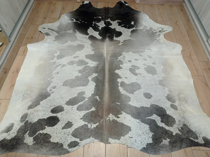 Naturalna skóra bydlęca 235x225 cm rozłożona w dużym salonie  - dekoracyjneskory.pl