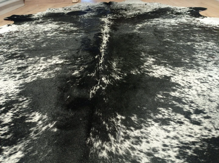 Naturalna skóra bydlęca 240x225 cm rozłożona w dużym salonie  - zbliżenie na lśniący włos - dekoracyjneskory.pl