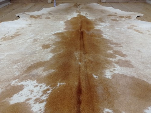 Naturalna skóra bydlęca 210x190 cm rozłożona w dużym salonie  - zbliżenie na lśniący włos - dekoracyjneskory.pl