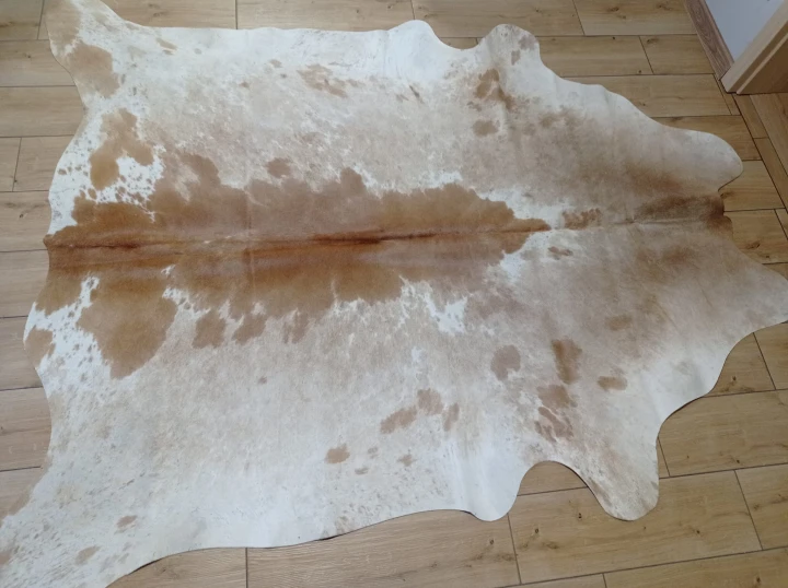 Naturalna skóra bydlęca 210x190 cm rozłożona w dużym salonie  - dekoracyjneskory.pl