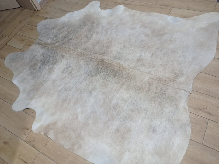 Naturalna skóra bydlęca 200x195 cm rozłożona w dużym salonie  - dekoracyjneskory.pl
