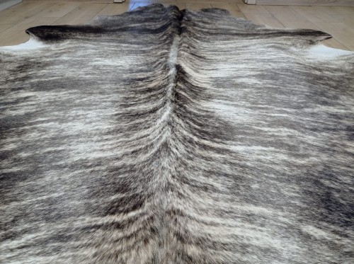 Naturalna skóra bydlęca 195x190 cm rozłożona w dużym salonie  - zbliżenie na lśniący włos -  dekoracyjneskory.pl