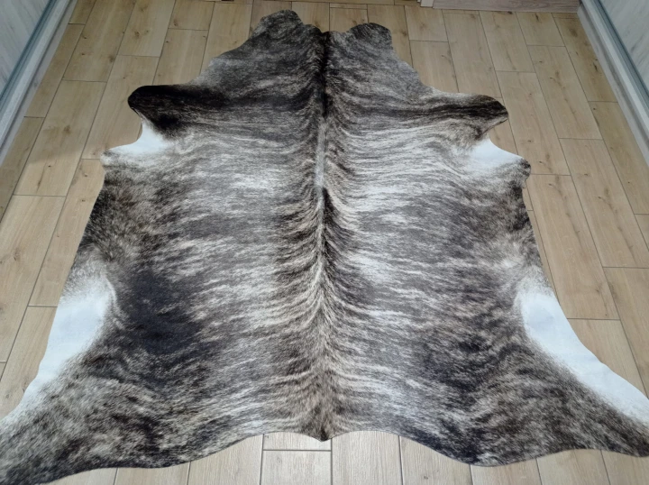 Naturalna skóra bydlęca 195x190 cm rozłożona w dużym salonie  - dekoracyjneskory.pl