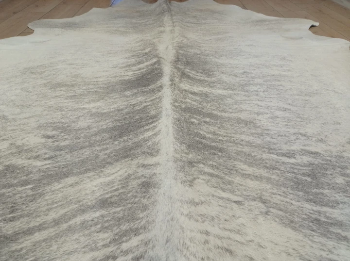 Naturalna skóra bydlęca 205x185 cm rozłożona w dużym salonie  - zbliżenie na lśniący włos - dekoracyjneskory.pl