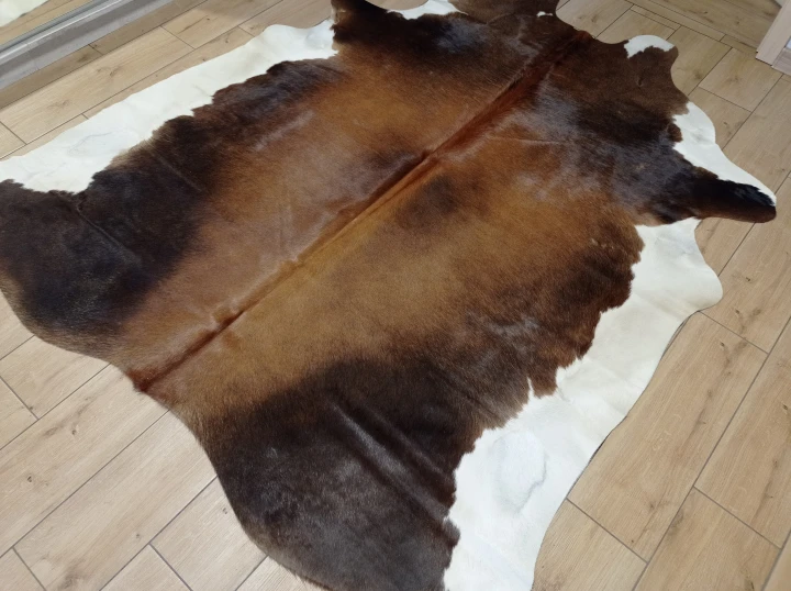 Naturalna skóra bydlęca 200x190 cm rozłożona w dużym salonie  - dekoracyjneskory.pl