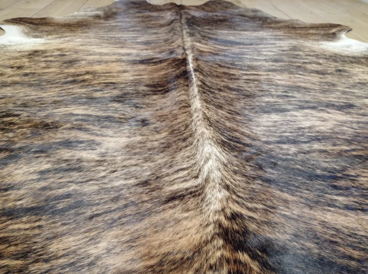 Naturalna skóra bydlęca 195x190 cm rozłożona w dużym salonie  - zbliżenie na lśniącą sierść - dekoracyjneskory.pl