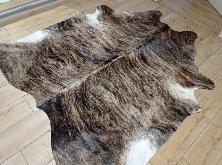 Naturalna skóra bydlęca 195x190 cm rozłożona w dużym salonie  - dekoracyjneskory.pl