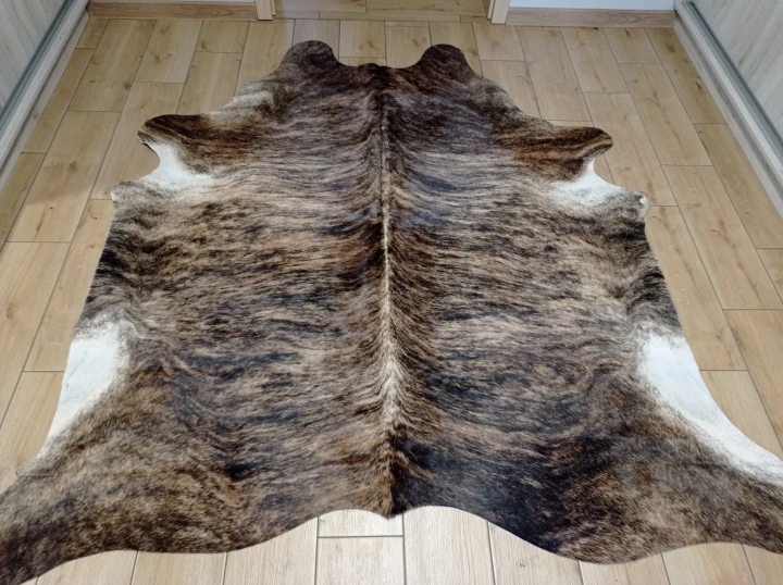 Naturalna skóra bydlęca 195x190 cm rozłożona w dużym salonie  - dekoracyjneskory.pl
