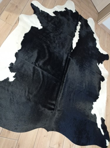 Naturalna skóra bydlęca 235x215 cm rozłożona w dużym salonie  - dekoracyjneskory.pl