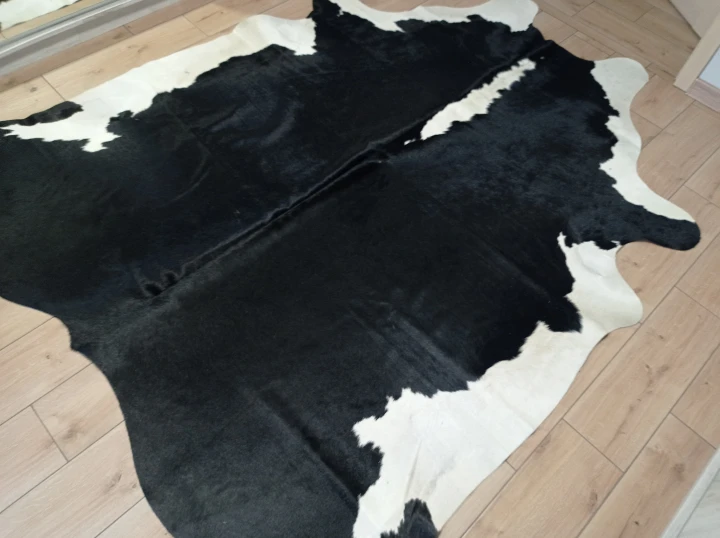 Naturalna skóra bydlęca 235x215 cm rozłożona w dużym salonie  - dekoracyjneskory.pl
