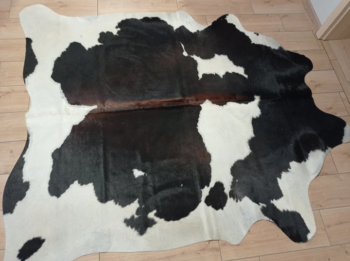 Naturalna skóra bydlęca ŁACIATA 205x190 cm rozłożona w dużym salonie  - dekoracyjneskory.pl