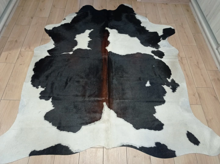 Naturalna skóra bydlęca ŁACIATA 205x190 cm rozłożona w dużym salonie  - dekoracyjneskory.pl