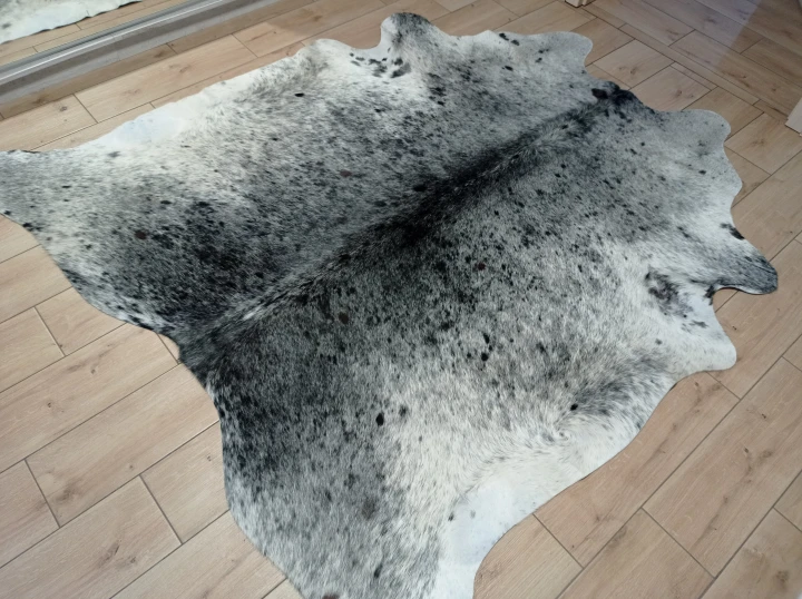Naturalna skóra bydlęca SZARA 205x190 cm rozłożona w dużym salonie  - dekoracyjneskory.pl