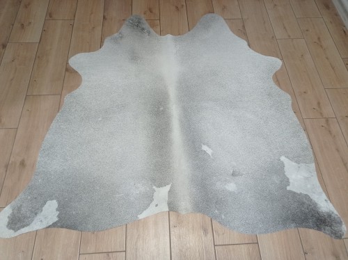 Naturalna skóra bydlęca SZARA 145x150 cm rozłożona w dużym salonie  - dekoracyjneskory.pl