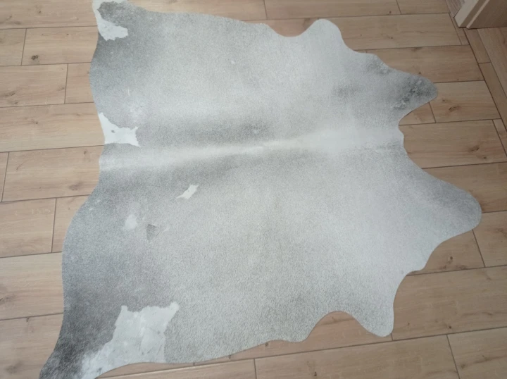 Naturalna skóra bydlęca SZARA 145x150 cm rozłożona w dużym salonie  - dekoracyjneskory.pl
