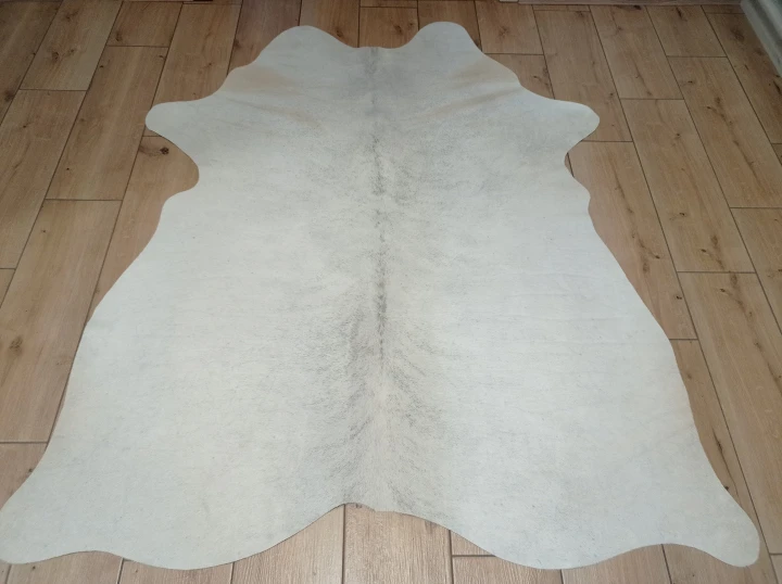 Naturalna skóra bydlęca KREMOWO-SZARA 160x135 cm rozłożona w dużym salonie  - dekoracyjneskory.pl