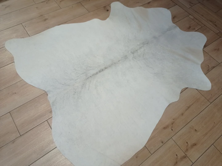 Naturalna skóra bydlęca KREMOWO-SZARA 160x135 cm rozłożona w dużym salonie  - dekoracyjneskory.pl
