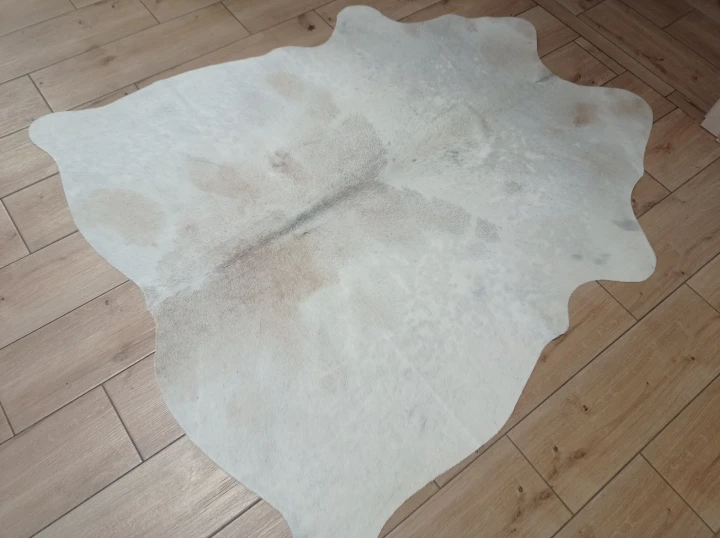 Naturalna skóra bydlęca BEŻOWO-KREMOWA 150x135 cm rozłożona w dużym salonie  - dekoracyjneskory.pl