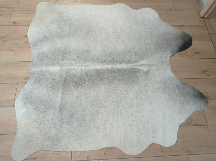 Naturalna skóra bydlęca SZARA 145x140 cm rozłożona w dużym salonie  - dekoracyjneskory.pl