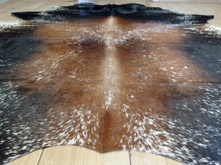 Naturalna skóra bydlęca Brązowo-czarna 195x175 cm rozłożona w dużym salonie  - zbliżenie na lśniący włos - dekoracyjneskory.pl