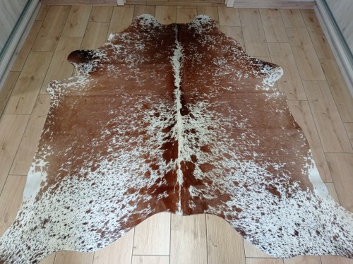 Naturalna skóra bydlęca ŁACIATA 195x195 cm rozłożona w dużym salonie  - dekoracyjneskory.pl