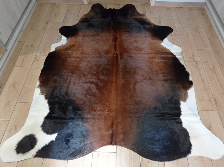 Naturalna skóra bydlęca BRĄZOWO-CZARNA 255x180 cm rozłożona w dużym salonie  - dekoracyjneskory.pl