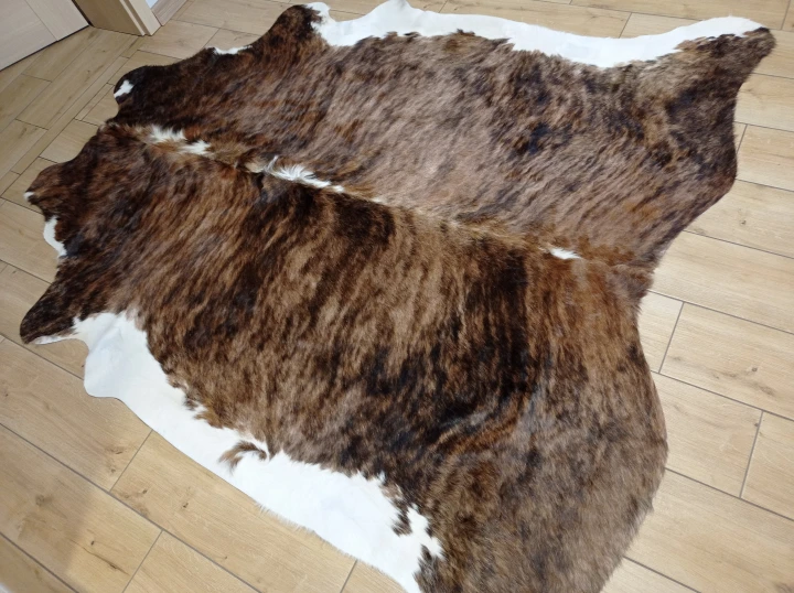 Naturalna skóra bydlęca TYGRYS 205x195 cm rozłożona w dużym salonie  - dekoracyjneskory.pl
