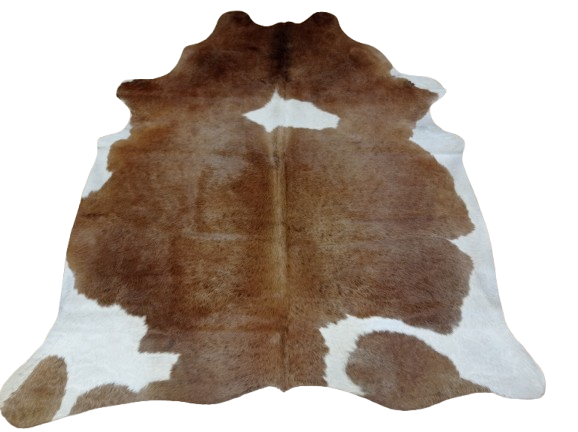 Naturalna skóra bydlęca brązowo-biała 200x165 cm rozłożona w dużym salonie  - dekoracyjneskory.pl