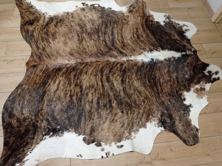 Naturalna skóra bydlęca BRĄZOWO-BIAŁA 200x200 cm rozłożona w dużym salonie  - dekoracyjneskory.pl