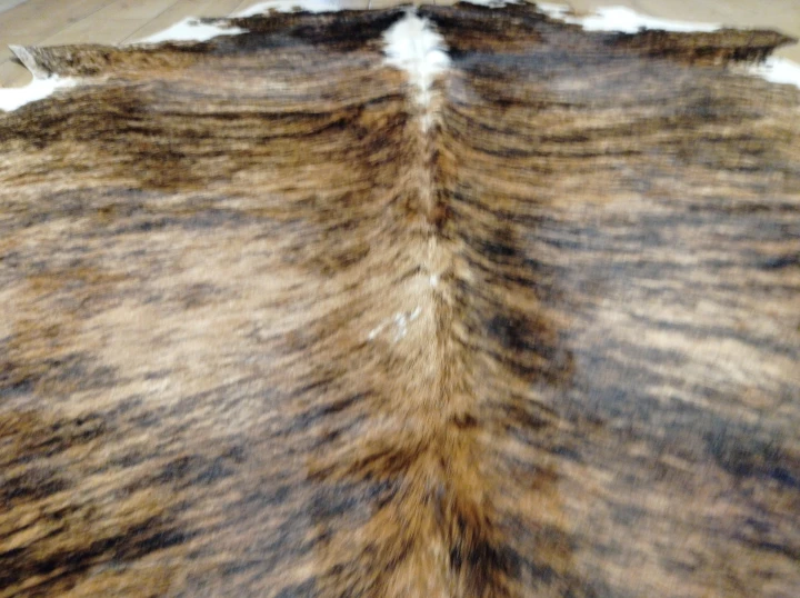 Naturalna skóra bydlęca BRĄZOWO-BIAŁA 200x200 cm rozłożona w dużym salonie  - zbliżenie na lśniący włos - dekoracyjneskory.pl