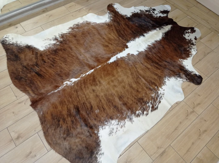 Naturalna skóra bydlęca BRĄZOWO-BIAŁA 210x190 cm rozłożona w dużym salonie  - dekoracyjneskory.pl