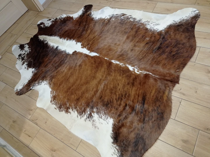 Naturalna skóra bydlęca BRĄZOWO-BIAŁA 210x190 cm rozłożona w dużym salonie  - dekoracyjneskory.pl