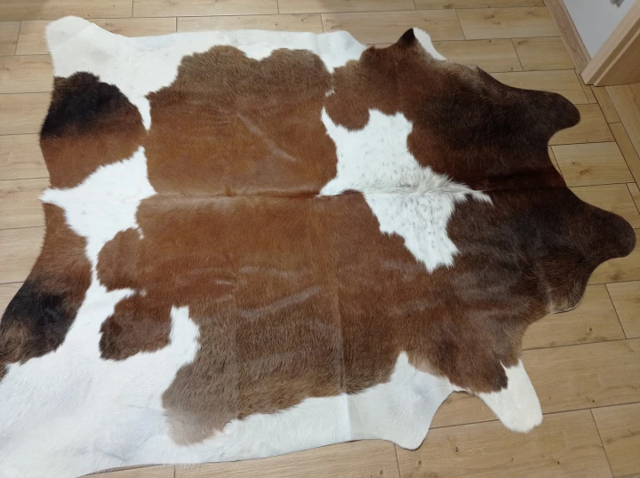Naturalna skóra bydlęca BRĄZOWO-BIAŁA 205x180 cm rozłożona w dużym salonie  - dekoracyjneskory.pl