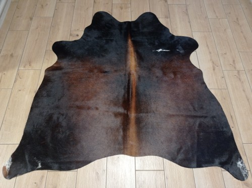 Naturalna skóra bydlęca BRĄZOWO-CZARNA 145x155 cm rozłożona w dużym salonie  - dekoracyjneskory.pl