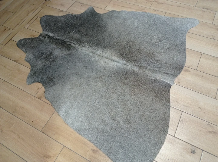 Naturalna skóra bydlęca CIEMNOSZARA 152x152 cm rozłożona w dużym salonie  - dekoracyjneskory.pl