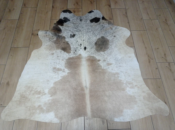 Naturalna skóra bydlęca ŁACIATA BEŻOWO-BRĄZOWA 130x140 cm rozłożona w dużym salonie  - dekoracyjneskory.pl