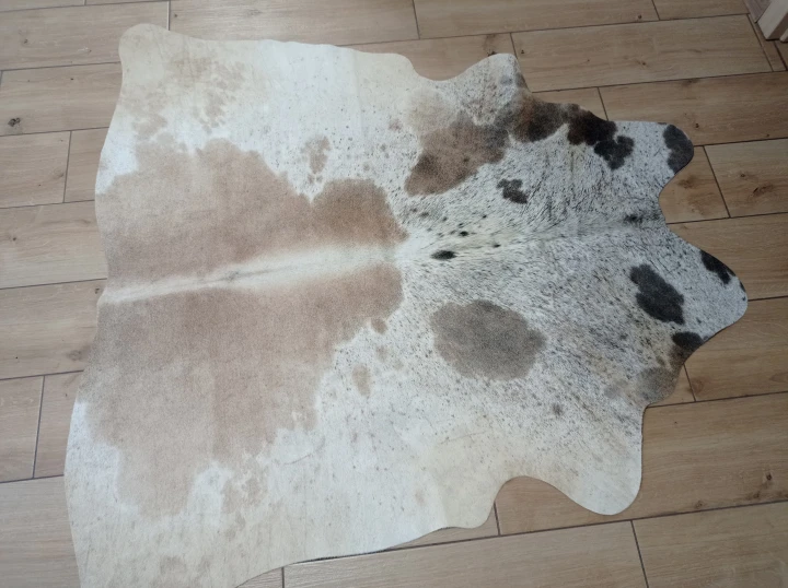 Naturalna skóra bydlęca ŁACIATA BEŻOWO-BRĄZOWA 130x140 cm rozłożona w dużym salonie  - dekoracyjneskory.pl